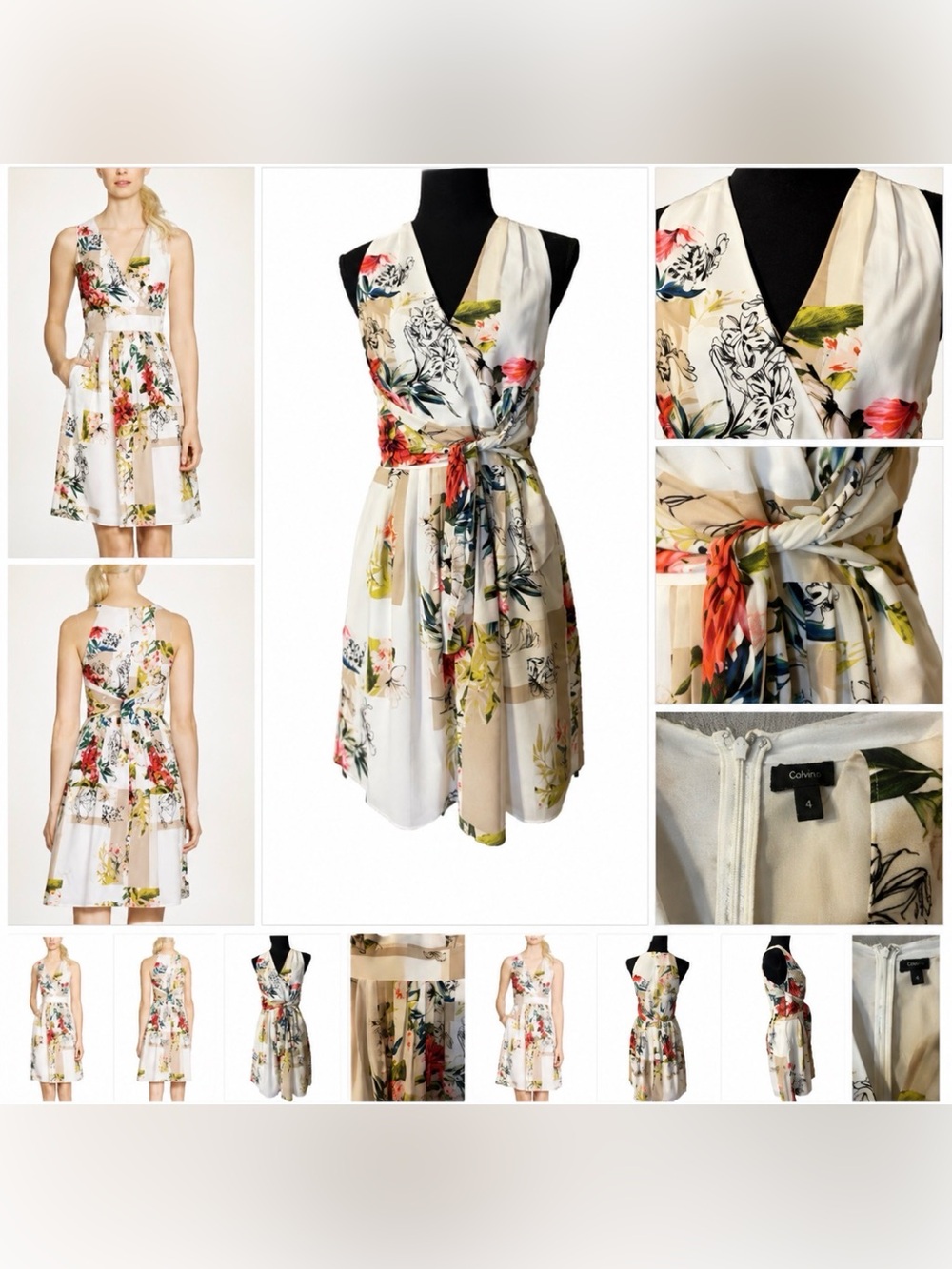 WHBM A Line Dress 6 Catalina Floral Silky V Neck Pocket Career Church Washable